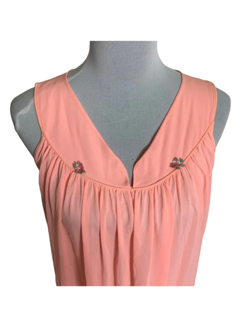 Peach Semi Sheer Maxi Nightgown VTG Size M 60s Floral Embroidered Sleeveless
